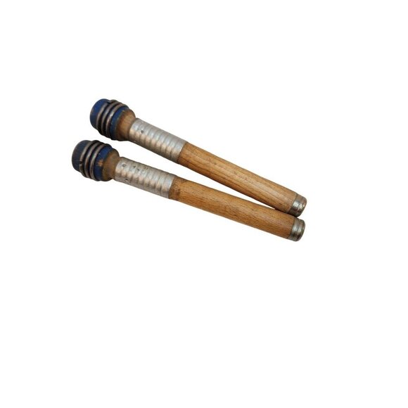 Vintage Wooden & Metal Weaving Bobbins With Blue Tips Set Of 2 Primitive country - Picture 5 of 6